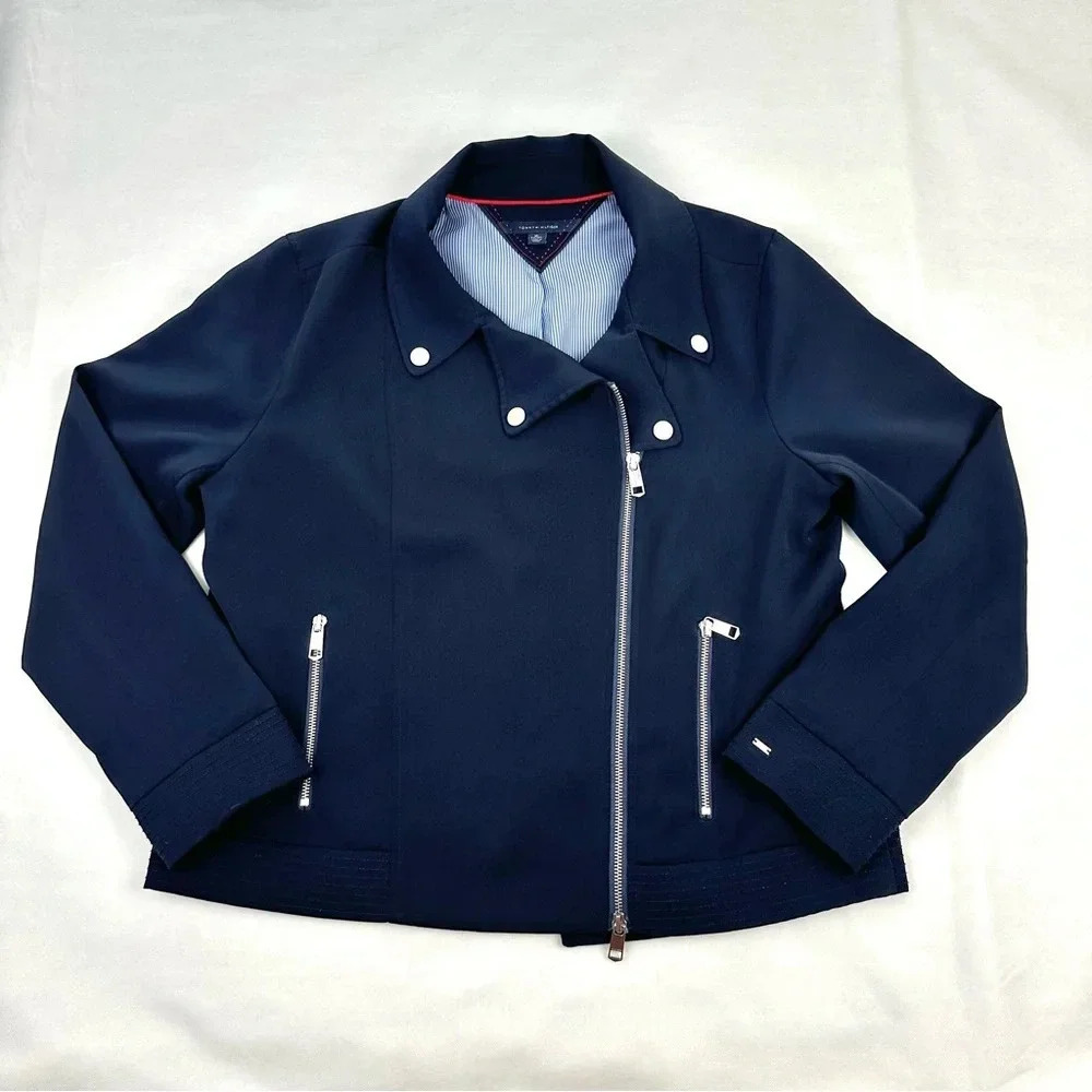 Tommy Hilfiger Navy Blue Moto Jacket Pin Stripe Lined Womens XL